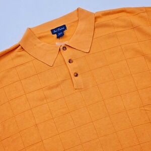 Paul Fredrick Polo Shirt Mens 3XLT Orange Silk Knit Windowpane Short Sleeve NWTO
